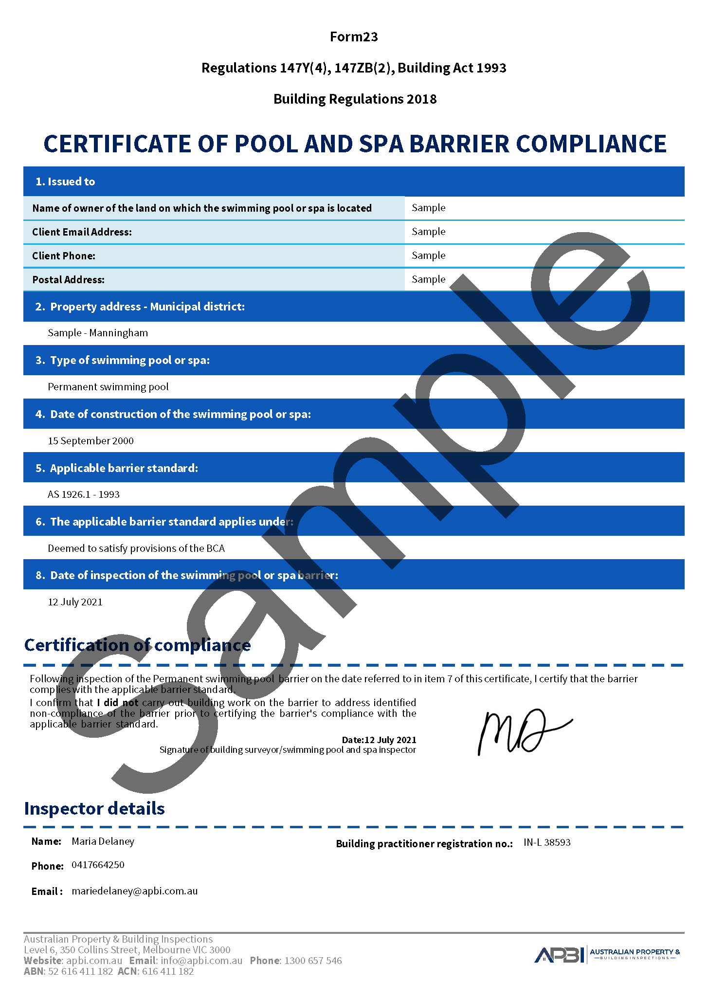 Swimming pool Inspection Certficate Form 23